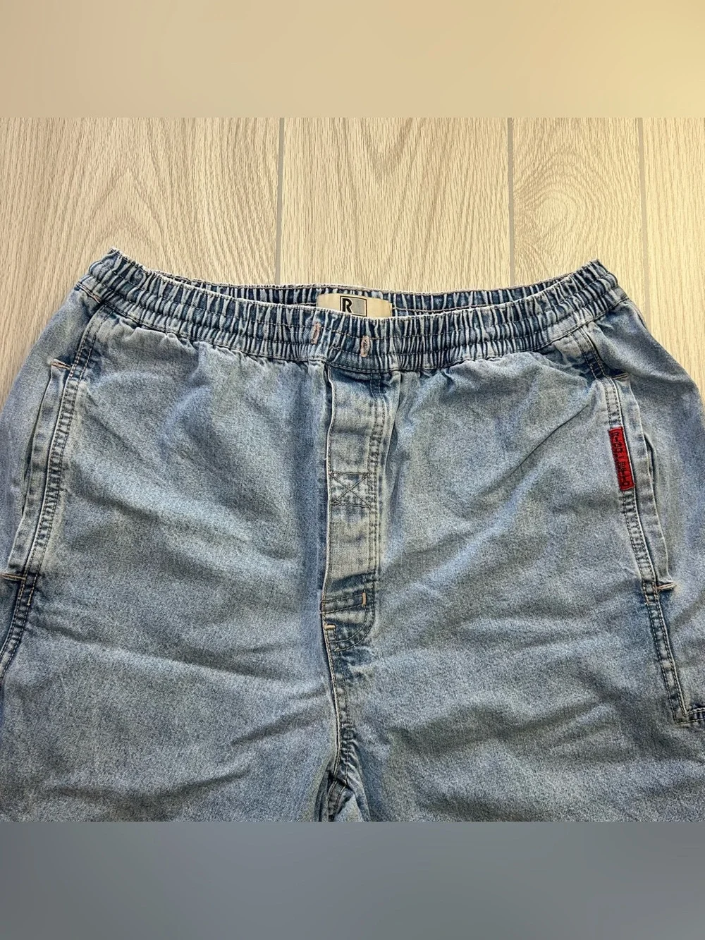 Vintage 90s Rigolletto Light Wash Elastic Waist Denim Shorts Men’s Jorts Sz L 9”